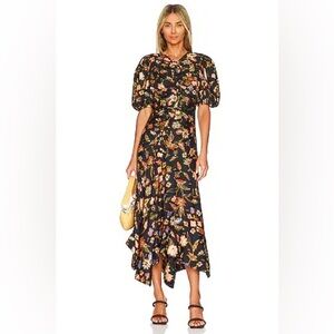 Ulla Johnson 100% Silk Black Heleen Odessa Floral Asymmetrical Midi Dress Runway